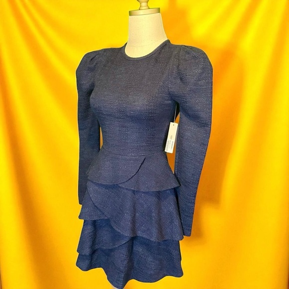 NWT Aqua ‘Boucle Tiered Ruffle Long Sleeve Mini Dress’ in Navy Blue Size XS - Picture 5 of 11